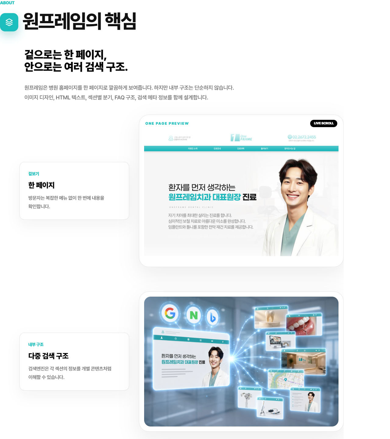 원프레임의 핵심, 겉으로는 한 페이지, 안으로는 여러 검색 구조.